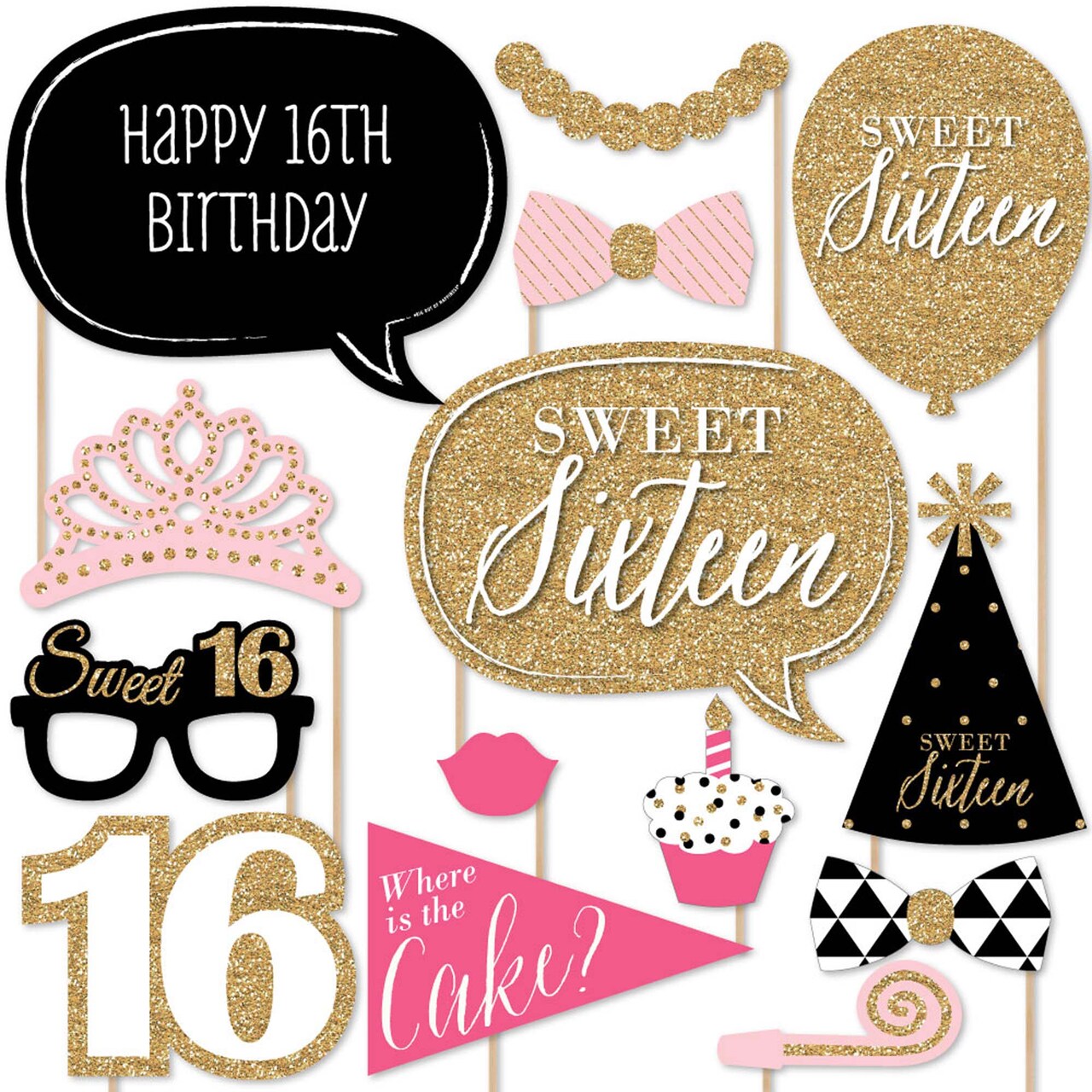 Big Dot of Happiness Chic 16th Birthday - Pink, Black and Gold - Photo Booth Props Kit - 20 Count